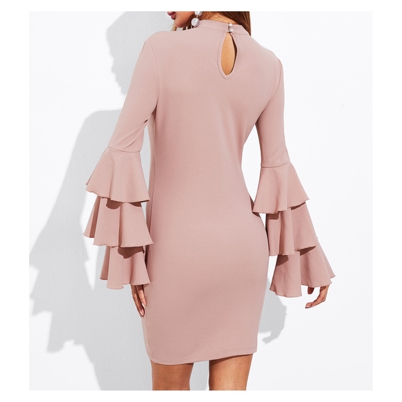 Dusty Pink Tiered Long Sleeve Bodycon Choker Dress - Picture 5 of 5